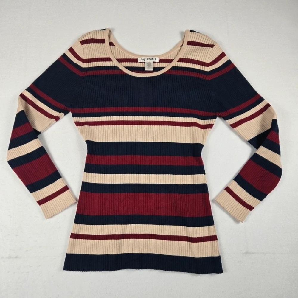 Say What Sweater Women 2X Burgundy Navy Striped Ribbed Square Neck Knit Top